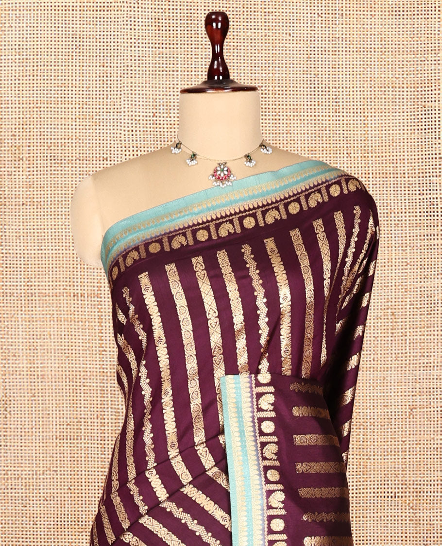 Wine Zari Stripes Fancy Raw Silk Saree, Contrast Traditional Border, Jaal Pallu, and Contrast Blouse