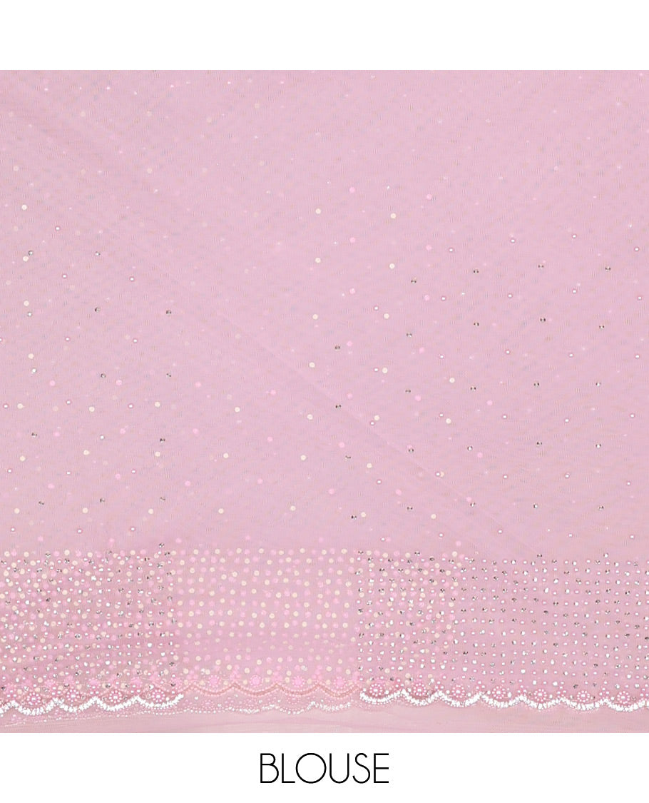 Pale pink crystal stone & pearl beads embroidered designer saree with scallop embroidered border