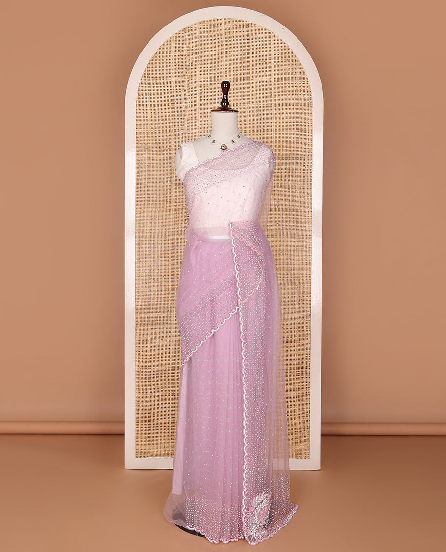 Pale pink crystal stone & pearl beads embroidered designer saree with scallop embroidered border
