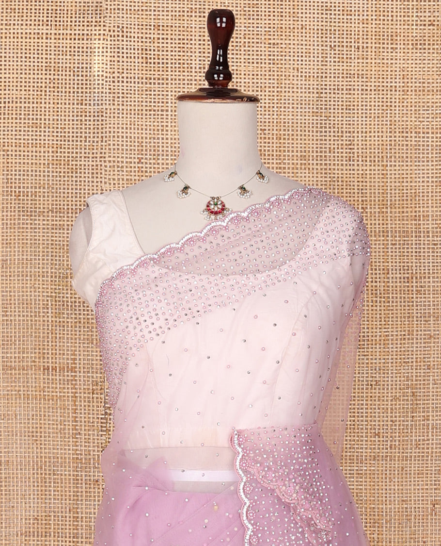 Pale pink crystal stone & pearl beads embroidered designer saree with scallop embroidered border