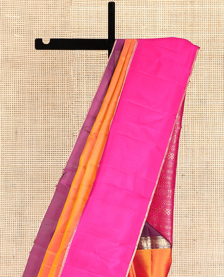 Orange Plain Kanchipuram Silk Saree, Complemented by Contrast Ganga-Jamuna Rettai Pettu Border, Pallu of Geometric Designs, and a Contrast Blouse