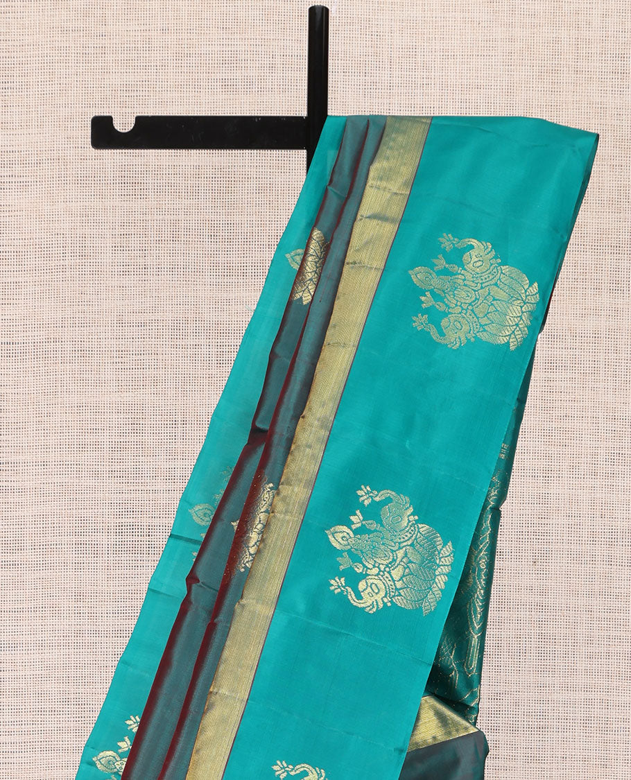 Blue Dual-tone Kanchipuram Silk Saree, Elevated with Goddess Lakshmi Buttas, a Contrast Goddess Lakshmi Border, Goddess Lakshmi Pallu, and a Contrast Blouse