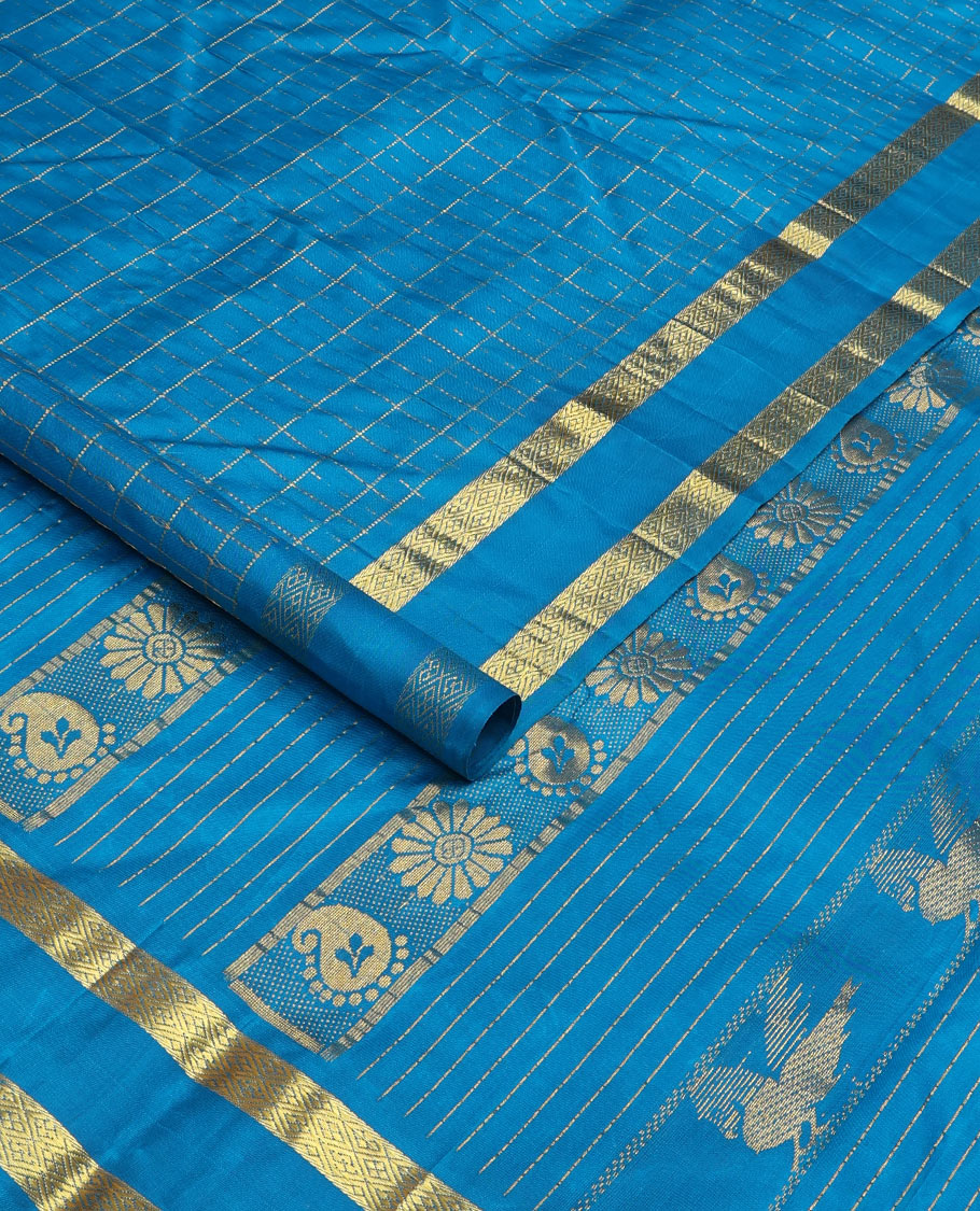 Blue zari checked Kanchipuram silk saree, one-sided rettai pettu zari border and zari design pallu