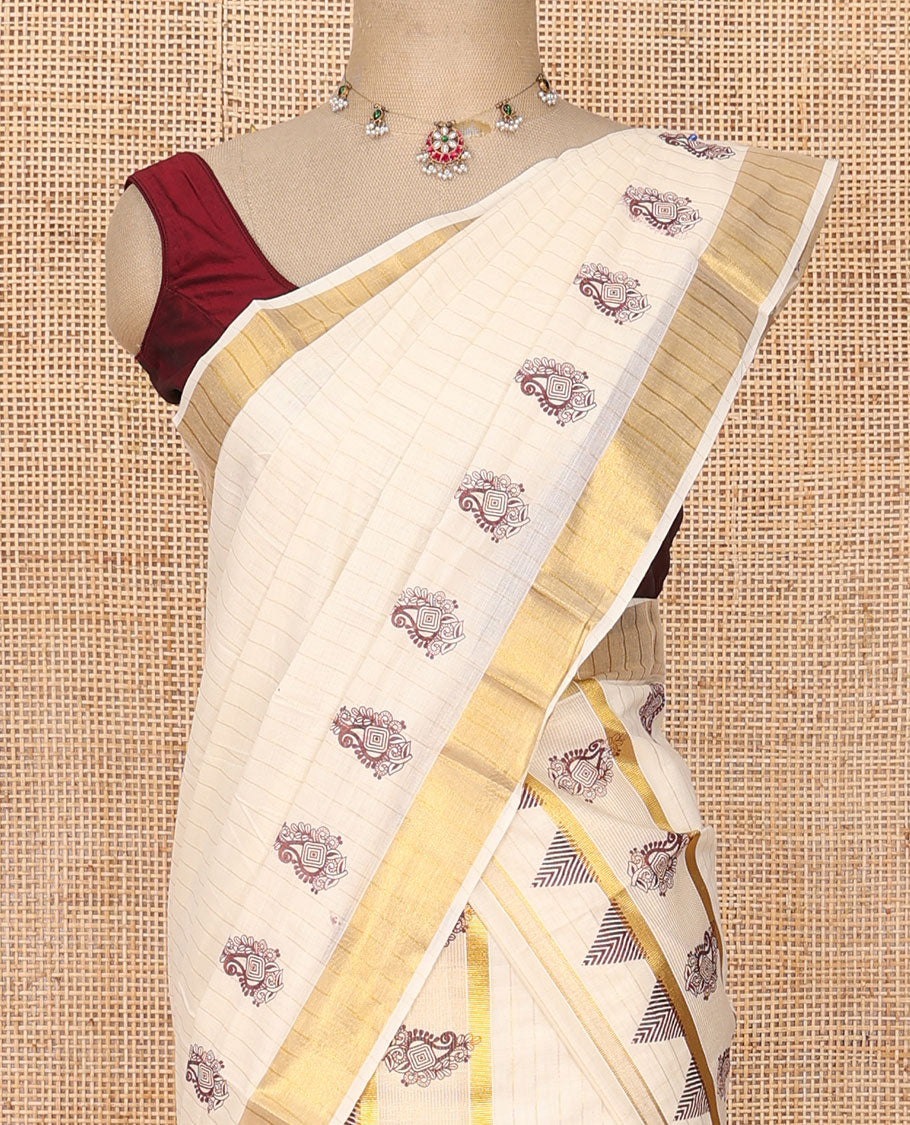 Cream striped Kerala mundu set, zari border of manga & temple print