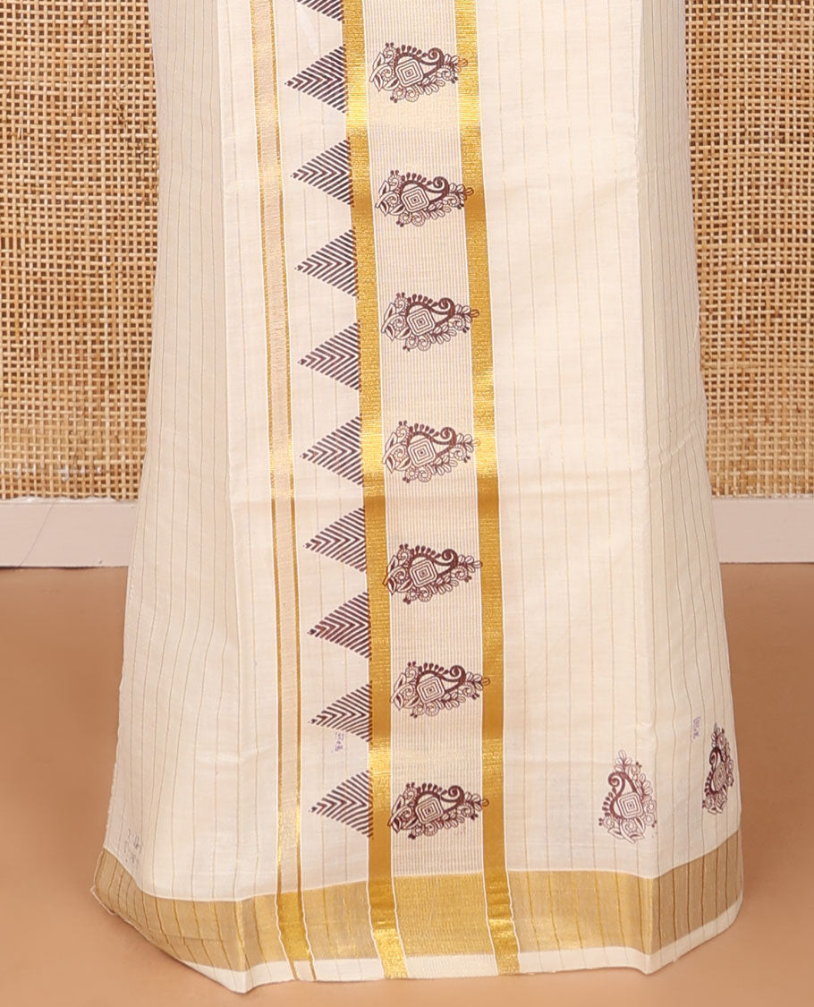 Cream striped Kerala mundu set, zari border of manga & temple print