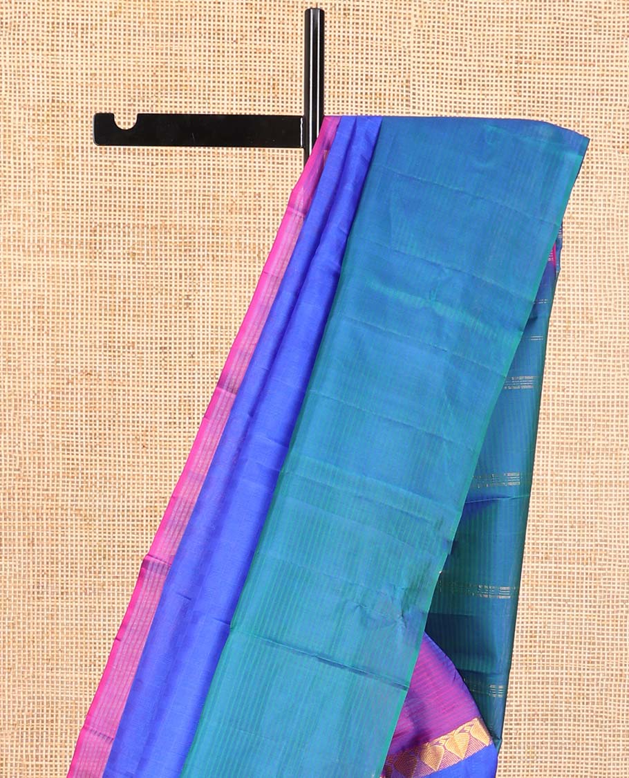 Blue checked kancheepuram silk saree with contrast striped, leaf design border & striped pallu