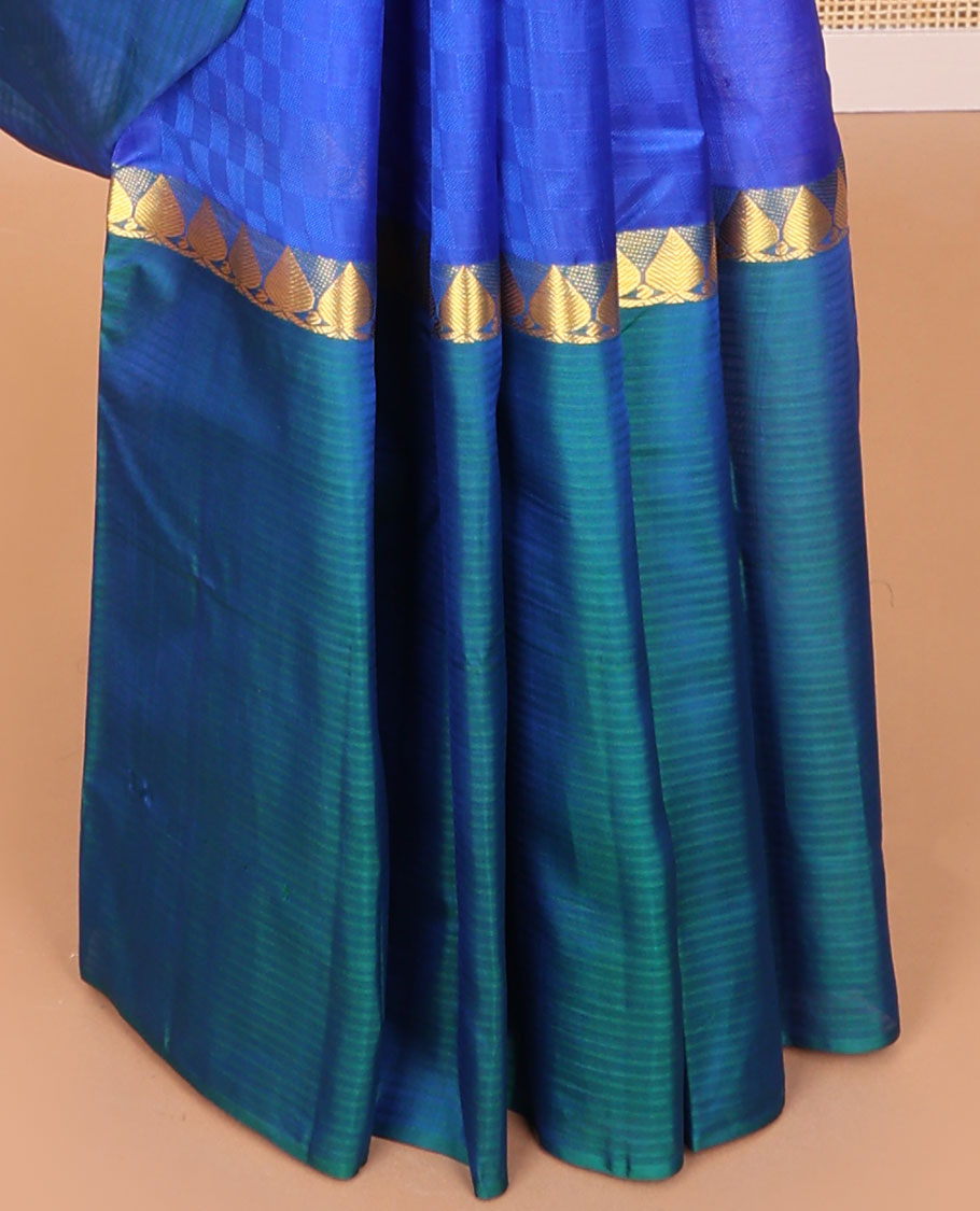 Blue checked kancheepuram silk saree with contrast striped, leaf design border & striped pallu