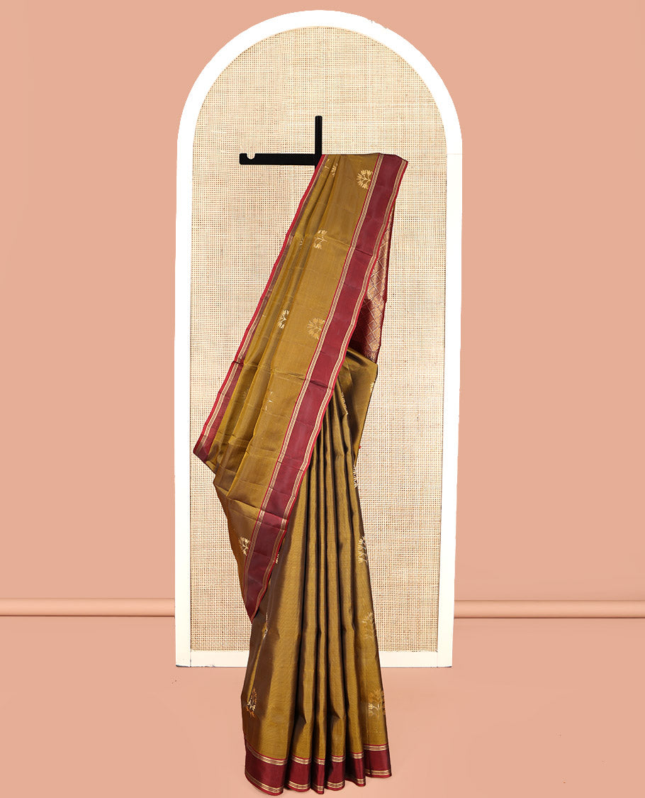 Mustard Mayuri Lite Silk Mix Saree, Detailed with Floral Buttas, Contrast Border, Pallu of Jaal Designs, and a Contrast Blouse