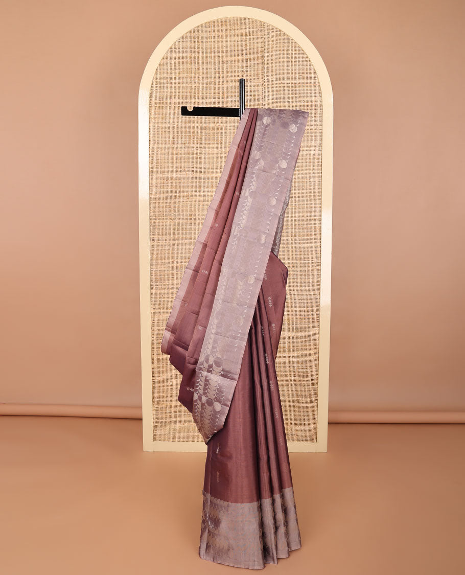 Mauve motifs mayuri soft silk saree with contrast zari design boeder & geometric design pallu