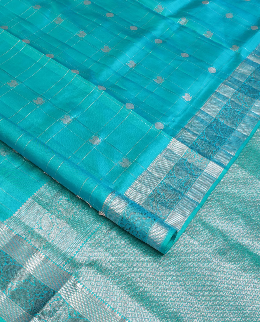Blue annam chakram checked soft silk saree, zari border of thilakam,banaras, then kuli kann & mayil & jaal pallu