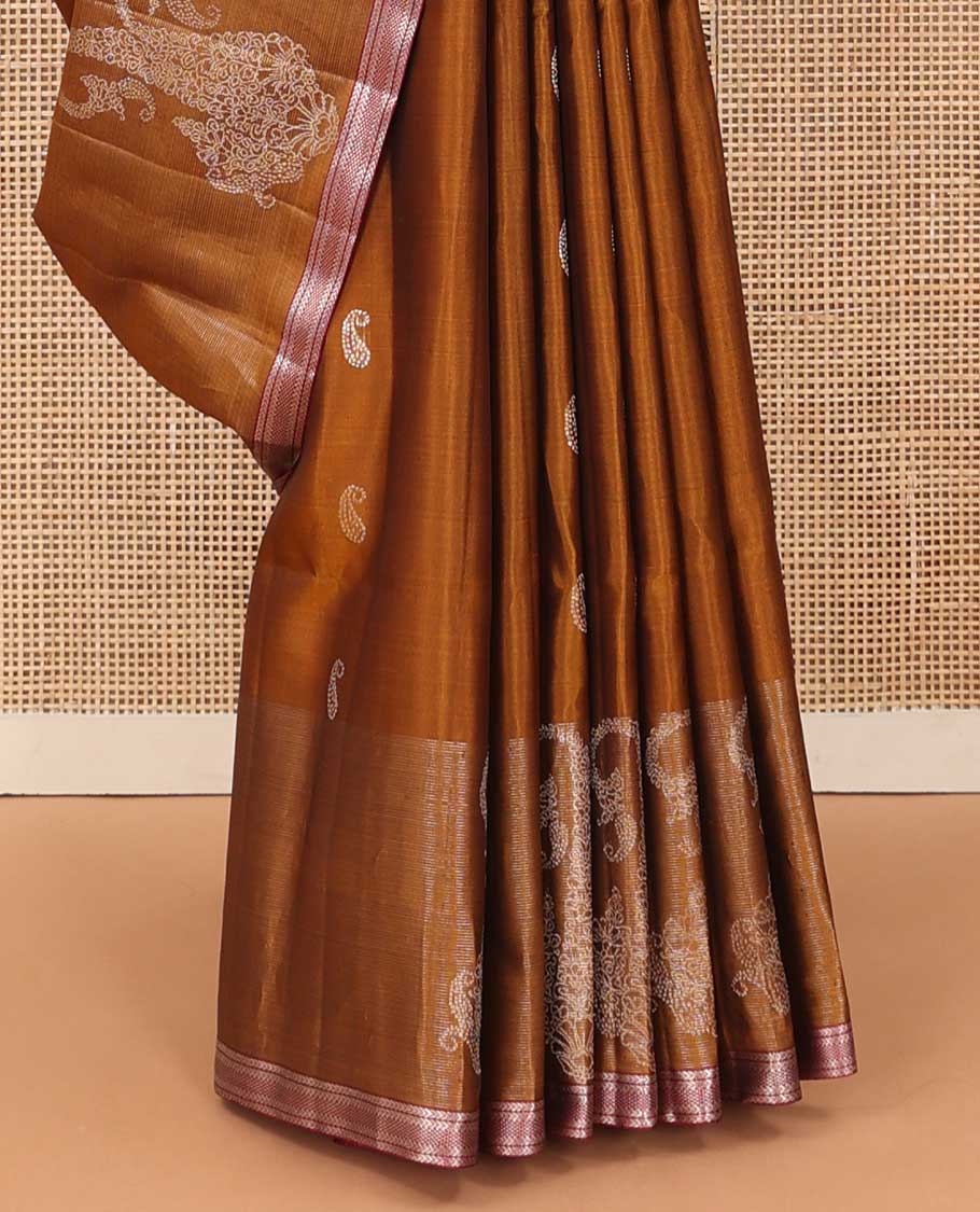 Honey color manga zari buttas soft silk saree, beetu manga butta contrast border of kathir and bentex designs, and intricate pallu