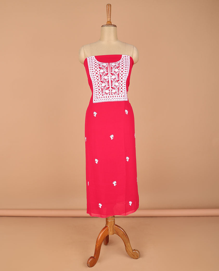Rani pink chudidhar material flower butta chickenkari work georgette top with santoon material pants & double side chickenkari work dupatta
