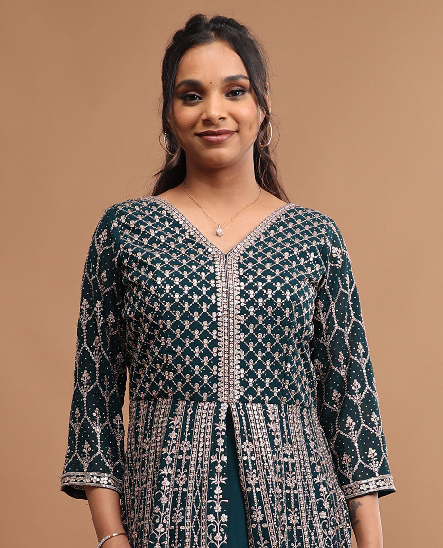 blue floral embroidered v neck, 3/4 th sleeve, floor length top with sharara pants & floral zari design dupatta