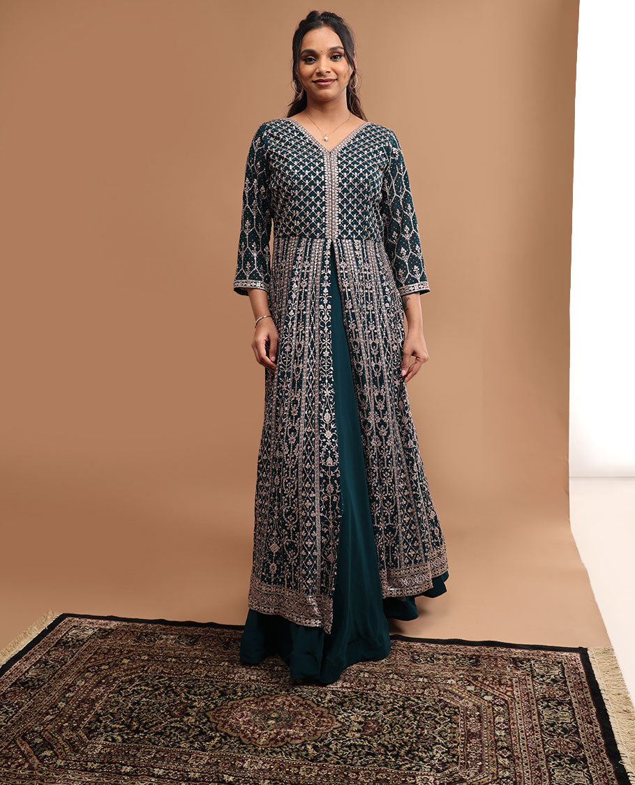 blue floral embroidered v neck, 3/4 th sleeve, floor length top with sharara pants & floral zari design dupatta