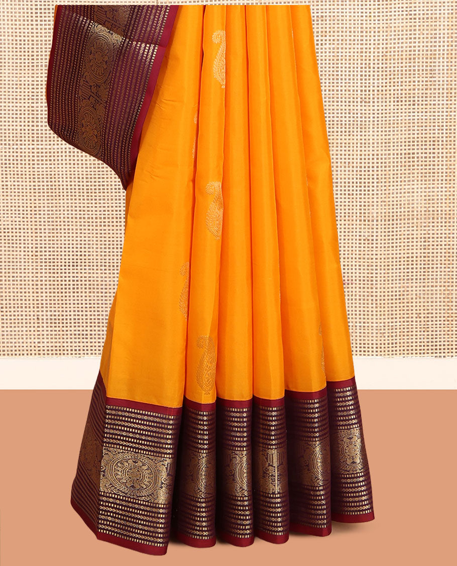 Orange Vasundhara Lite Silk Mix Saree, Woven with Zari Buttas, a Contrast Border of Muthu, Paisa, Yaanai, Mayil, and Chakram Designs, Grand Pallu, and a Contrast Blouse