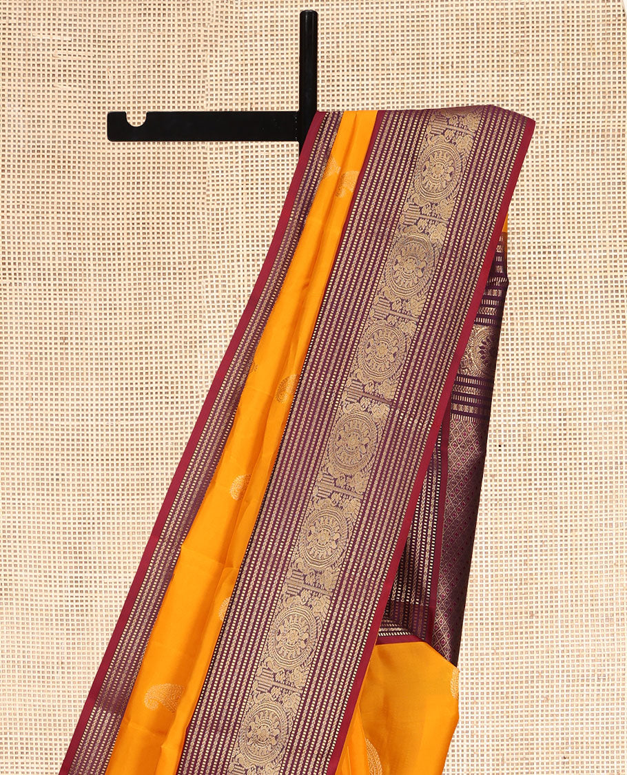 Orange Vasundhara Lite Silk Mix Saree, Woven with Zari Buttas, a Contrast Border of Muthu, Paisa, Yaanai, Mayil, and Chakram Designs, Grand Pallu, and a Contrast Blouse