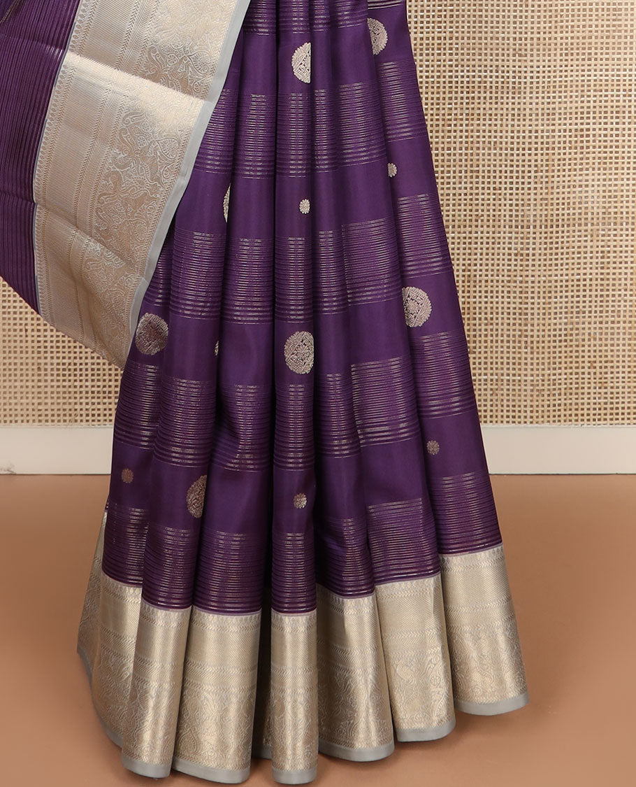 Violet zari design silk saree, contrast border of thilakam mokku,kathir & mayil designs & intricate zari pallu