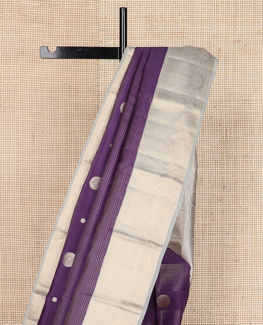 Violet zari design silk saree, contrast border of thilakam mokku,kathir & mayil designs & intricate zari pallu
