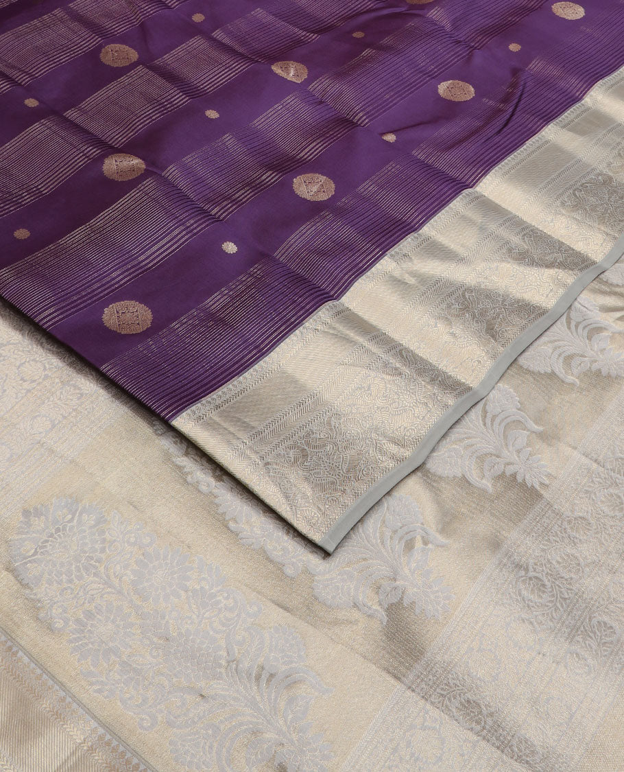 Violet zari design silk saree, contrast border of thilakam mokku,kathir & mayil designs & intricate zari pallu