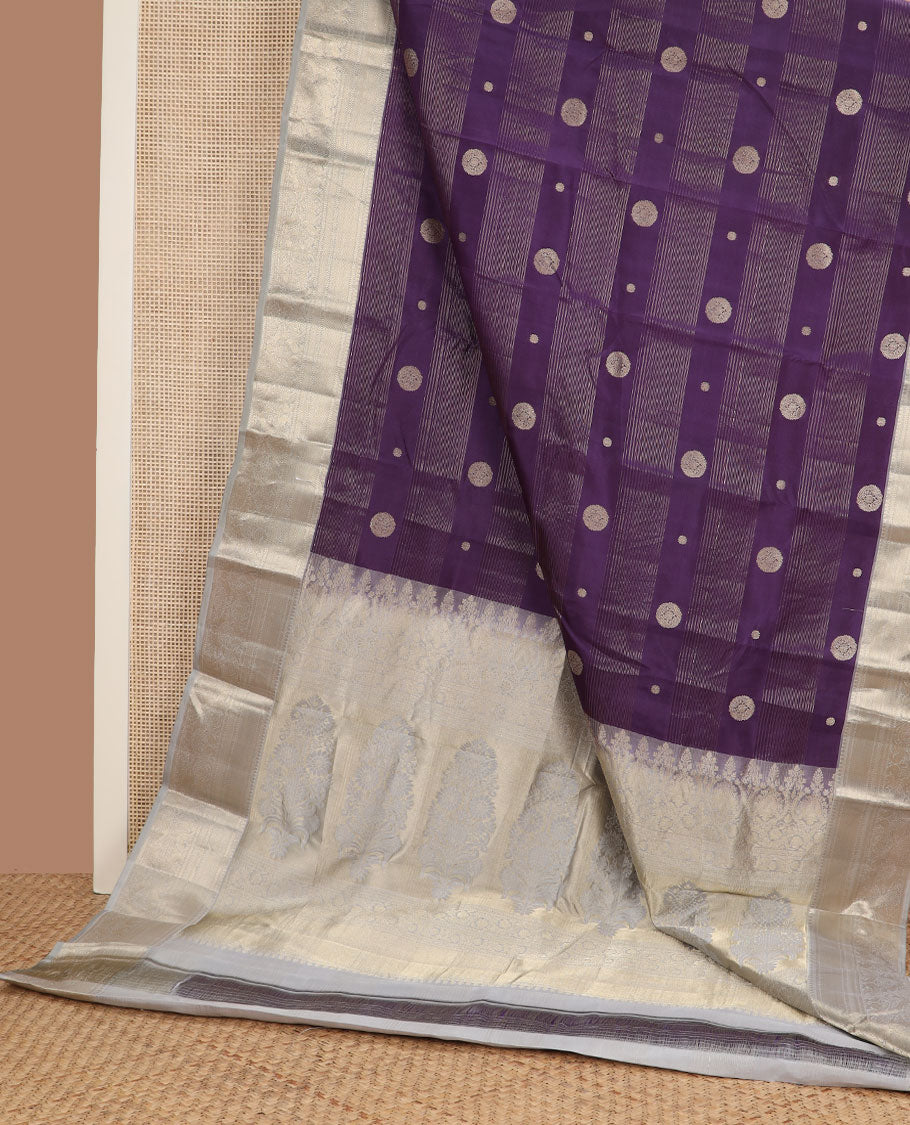 Violet zari design silk saree, contrast border of thilakam mokku,kathir & mayil designs & intricate zari pallu