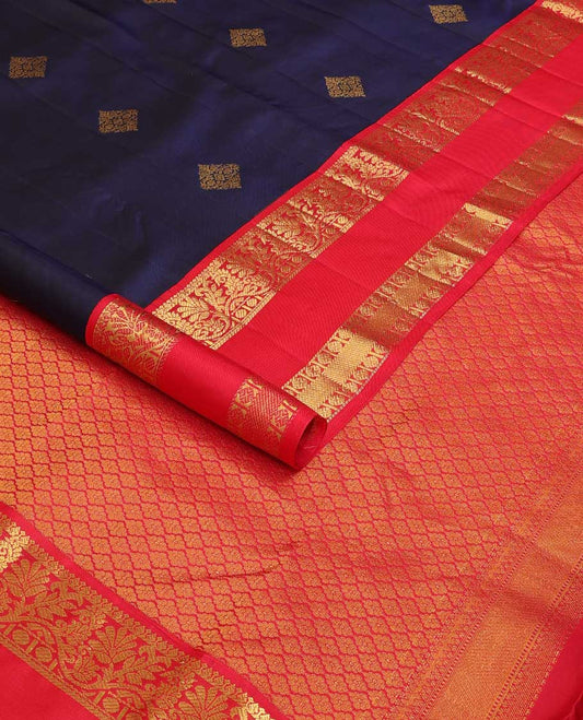 Navy blue zari buttas silk saree, contrast rettai pettu border of kodi visiry, paisa, and rudraksham motifs and pallu of jaal design