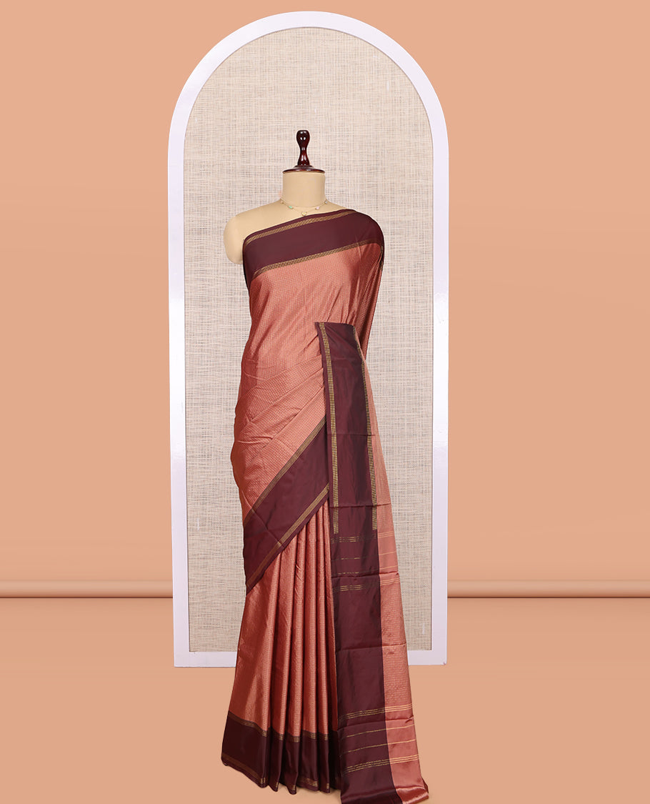 Peach Checked Arani Saree, a Contrast Bodi Border, a Self-Pallu, and a Matching Blouse