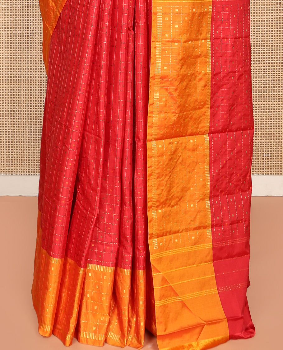 Red Aarani Silk Saree, Elevated with Butta Enclosed Checks, Complemented by a Contrast Butta Enclosed Checked Border, Zari Design Pallu, and Paired with a Matching Blouse