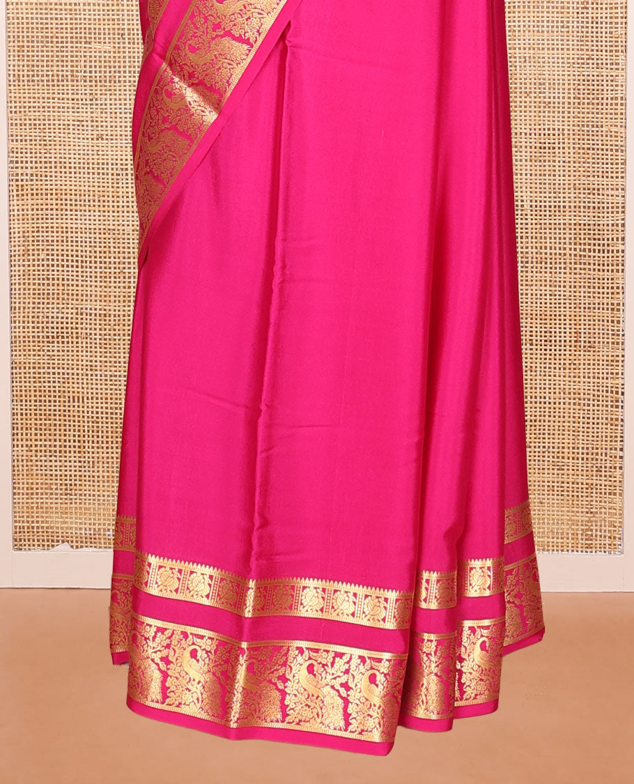 Pink Plain Mysore Silk Saree, Beautifully Detailed with Zari Border of Peacock Designs, Sparsely Woven Pallu of Stripes, and Paired with a Matching Blouse