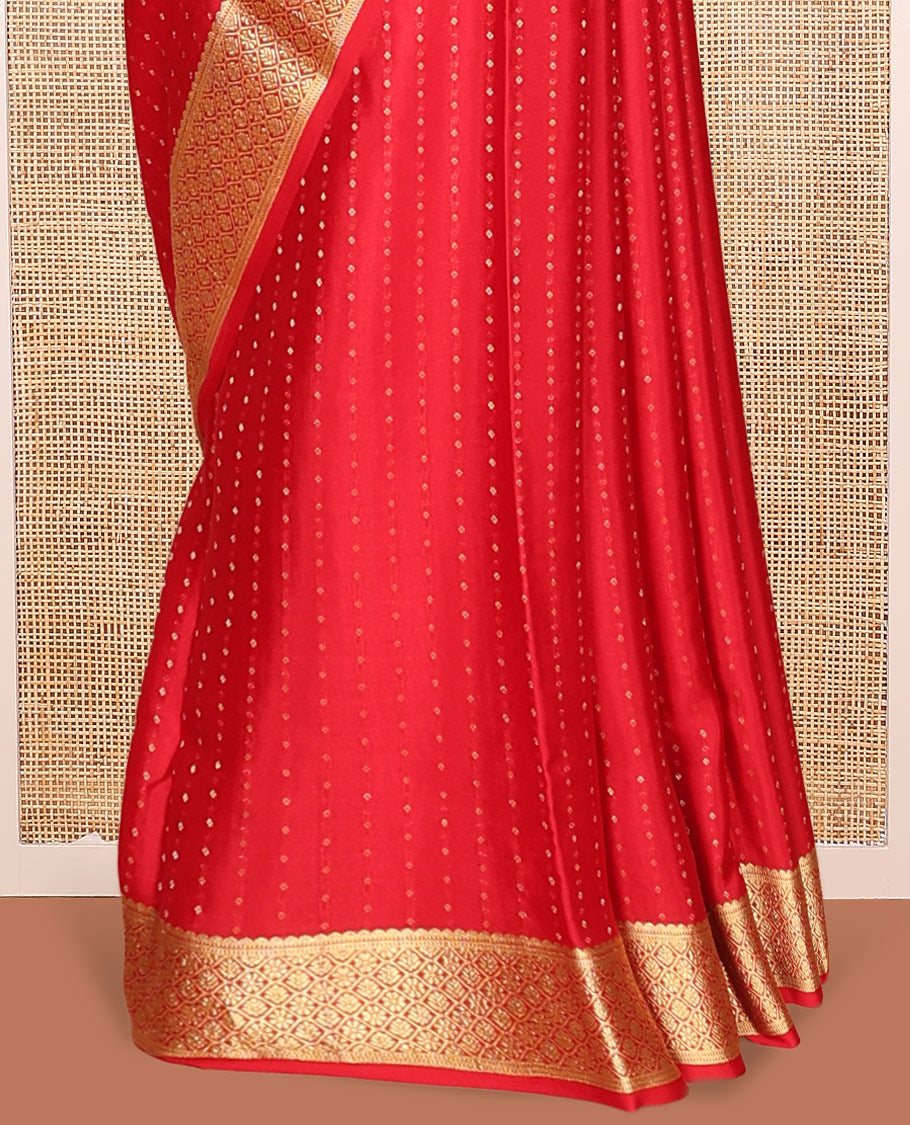 Red Mysore Silk Saree, Steeped with Dobby-Style Buttas All Over Its Body, Highlighted by Jaal Patterned Border, Pallu of Jaal Designs, and Paired with a Matching Blouse