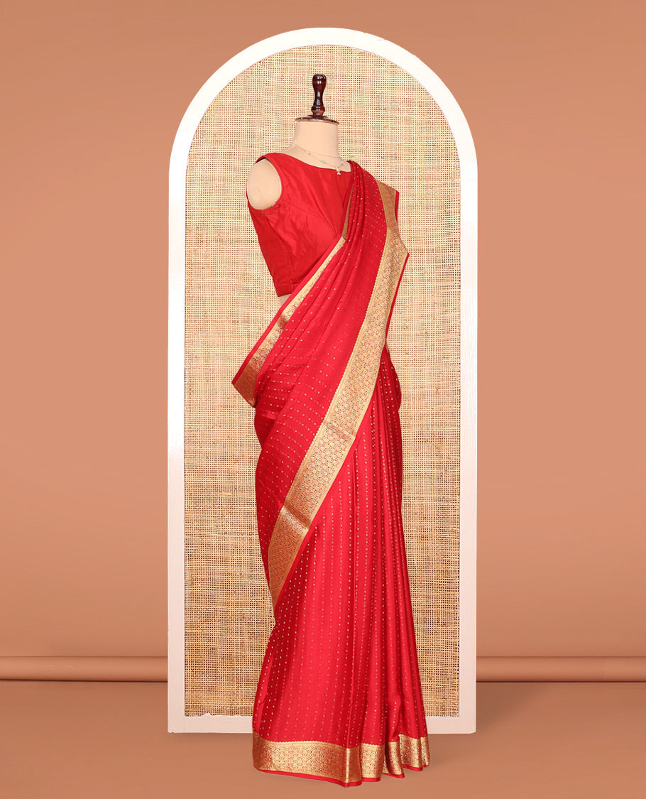 Red Mysore Silk Saree, Steeped with Dobby-Style Buttas All Over Its Body, Highlighted by Jaal Patterned Border, Pallu of Jaal Designs, and Paired with a Matching Blouse