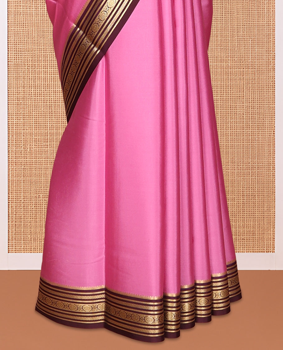 Pink Plain Mysore Silk Saree, Complemented by a Contrast Traditional Zari Border, Zari Design Pallu, and a Contrast Blouse