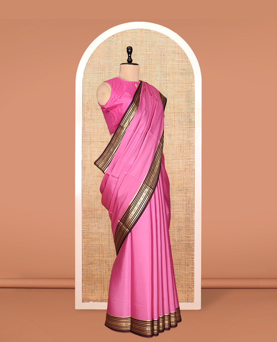 Pink Plain Mysore Silk Saree, Complemented by a Contrast Traditional Zari Border, Zari Design Pallu, and a Contrast Blouse