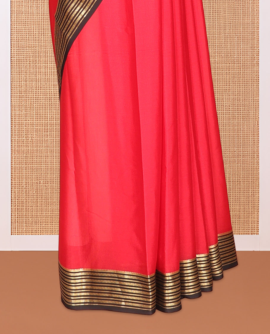 Red Plain Mysore Silk Saree, Complemented by a Contrast Traditional Zari Border, Zari Striped Pallu, and a Contrast Blouse