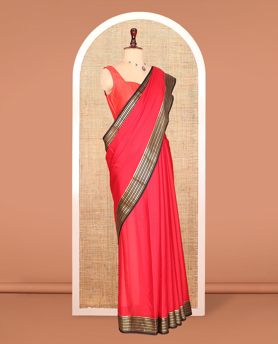 Red Plain Mysore Silk Saree, Complemented by a Contrast Traditional Zari Border, Zari Striped Pallu, and a Contrast Blouse