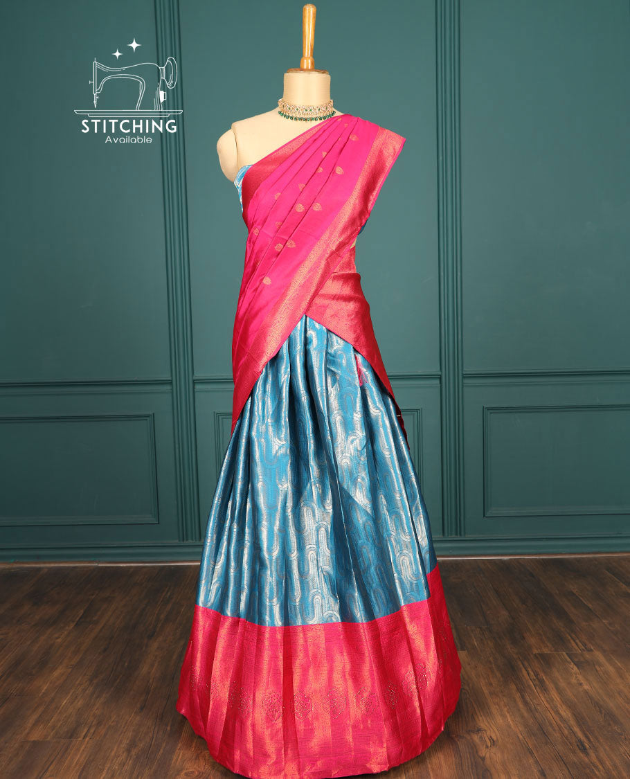 Blue geometric patterned artsilk halfsaree,contrast traditional zari design & stonework border & intricate dhavani