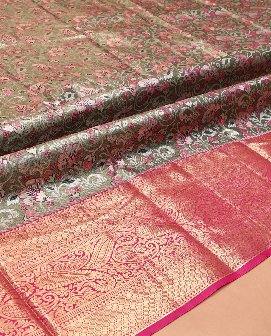 Grey Art Silk Material Half Saree, Richly Detailed with Jacquard Skirt, a Contrast Traditional Zari Border, Contrast Blouse, and an Intricate Dhavani