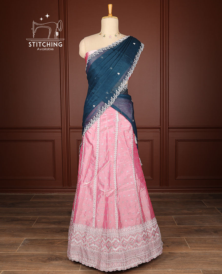 pink floral embroidery half saree with self embroidery border, buttas embroidery blouse & floral embroidery dhavani
