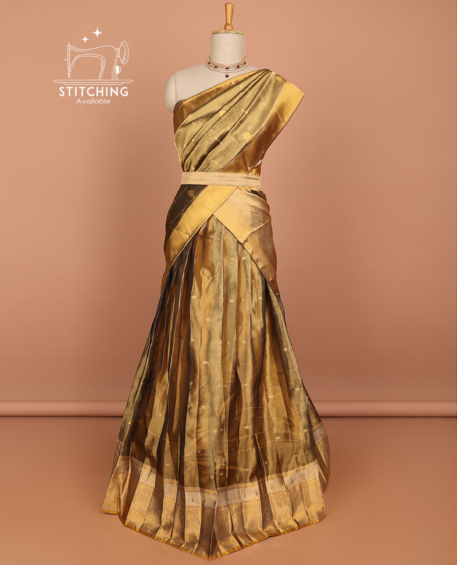 Brown zari buttas art silk half saree with contrast zari border, zari checked design blouse & intricate zari design dhavani