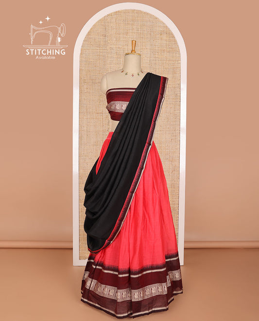 Peach cotton half saree with contrast peacock design border, peacock design blouse & zari design border dhavani