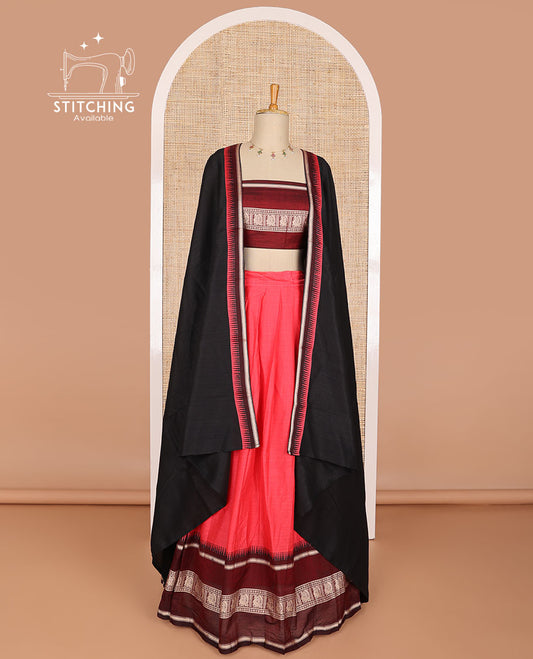 Peach cotton half saree with contrast peacock design border, peacock design blouse & zari design border dhavani