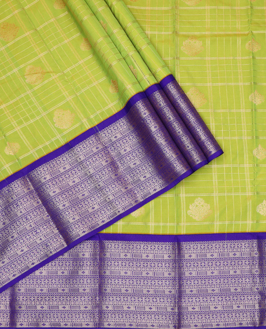 Leaf green art silk pavadai material set, zari butta enclosed checked pavadai & contrast blouse & traditional zari design border