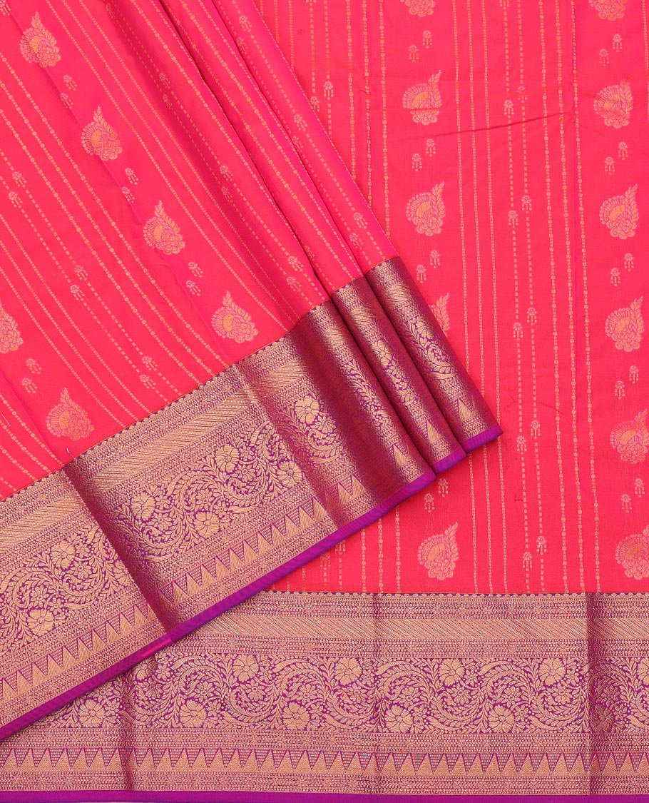 Pink Art Silk Pavadai Material Set, Subtly Sparkled with Stripes and Buttas on Its Skirt, Complemented by a Contrast Traditional Zari Design Border, and Paired with a Contrast Blouse
