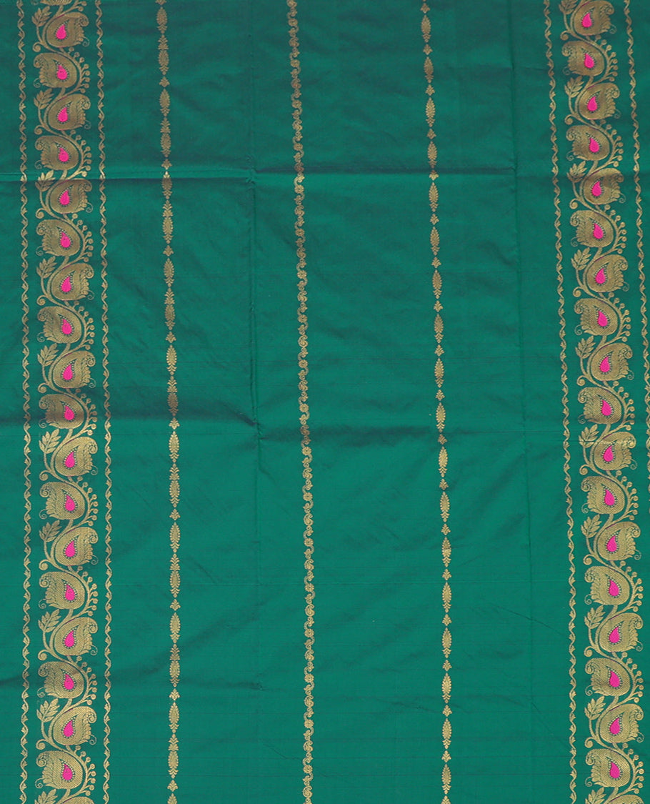 Green Art Silk Pavadai Material Set, Decorated with Zari Designs on Its Skirt, Complemented by a Contrast Paisley Zari Border, and a Matching Blouse