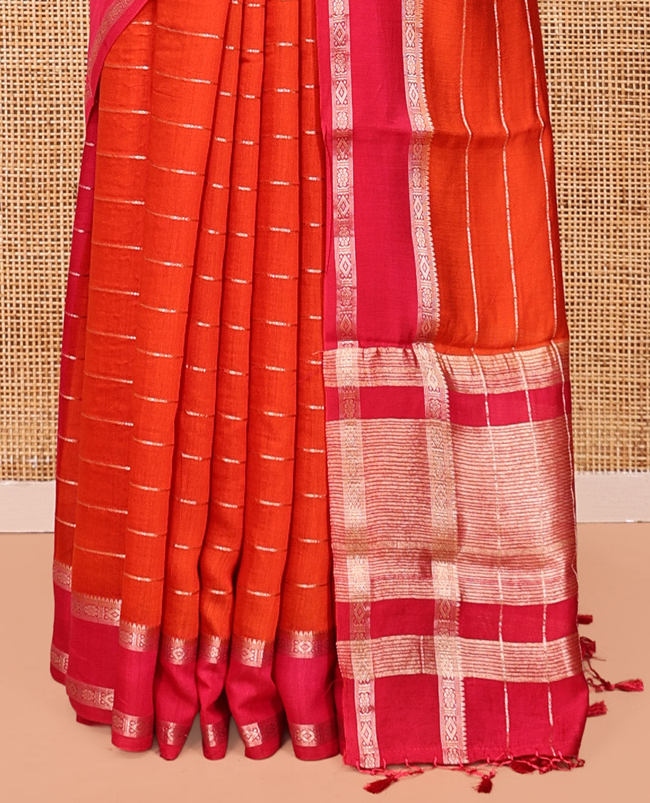 Orange Assam Silk Saree, Dazzled with Zari Stripes, Complemented Contrast by a Traditional Zari Border, Striped Pallu, and a Contrast Blouse