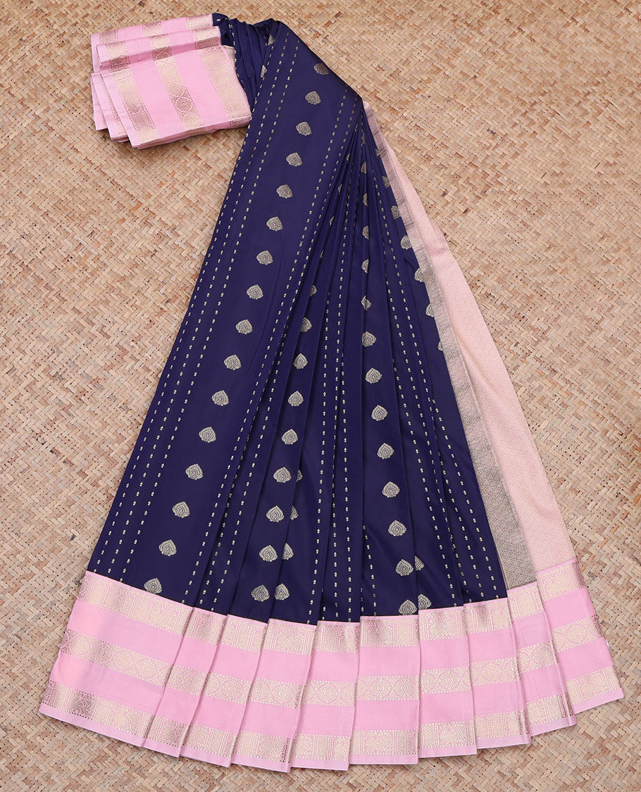 Blue Budget Silk Saree, Highlighted by Buttas All Over Its Body, Complemented by Contrast Traditional Zari Design Varisa Pettu Border, Sparsely Woven Jaal Pallu, and Paired with a Contrast Blouse