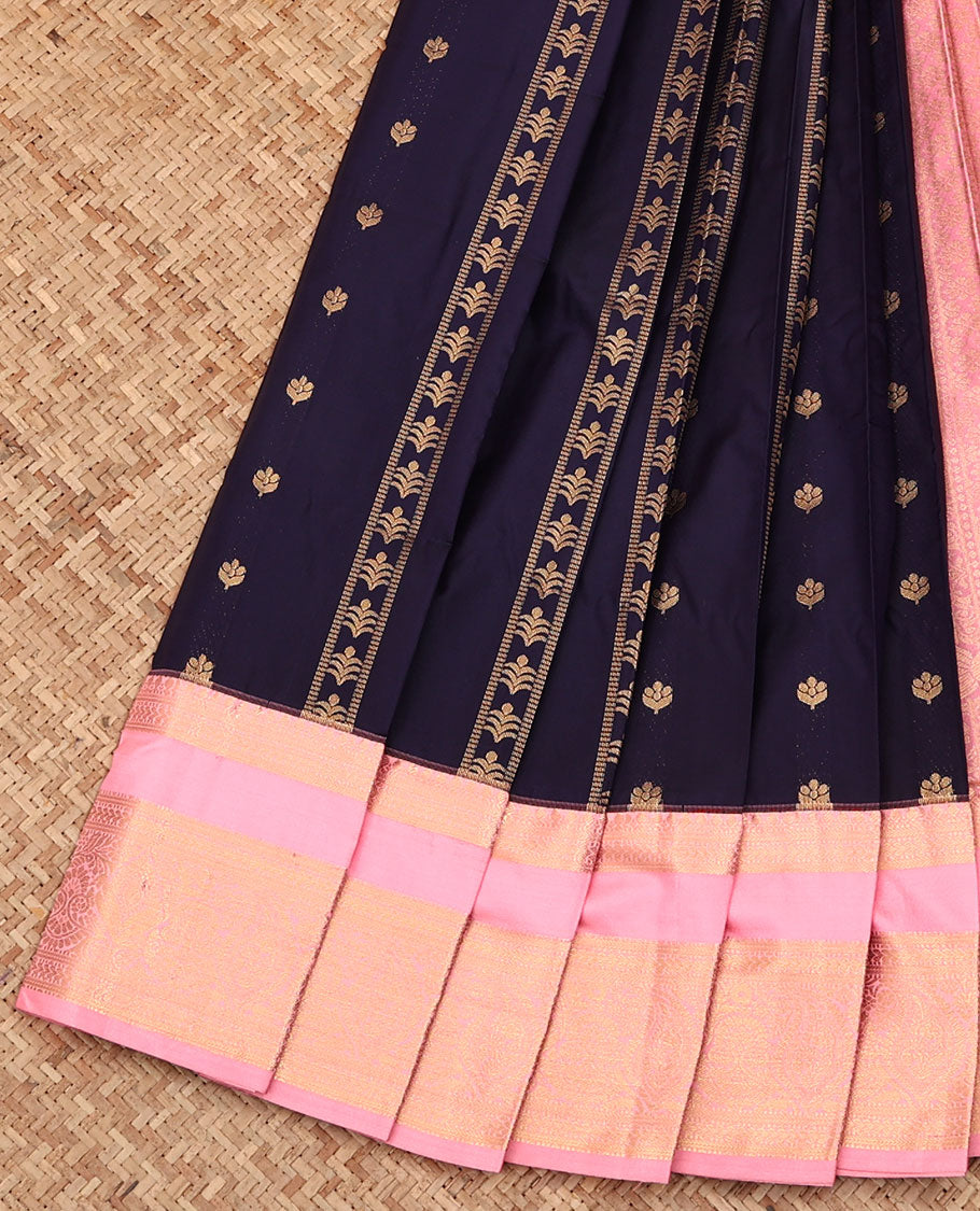 Navy Blue Budget Silk Saree, Bedecked with Zari Buttas and Stripes All Over Its Body, Complemented by a Contrast Traditional Zari Design Rettai Pettu Border, Grand Jaal Pallu, and Paired with a Contrast Blouse