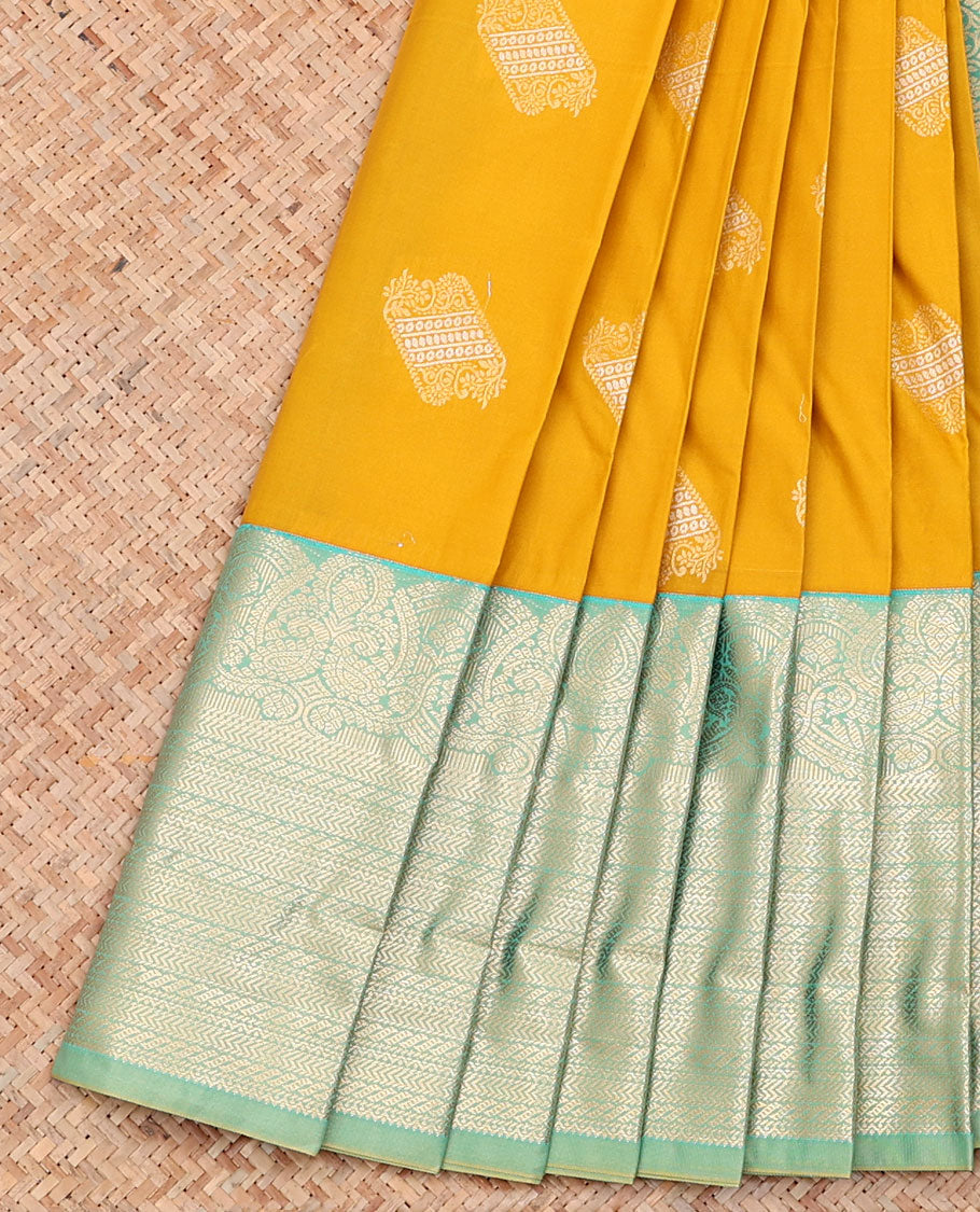 Yellow Budget Silk Saree, Woven with Zari Buttas on Its Body, Complemented by a Contrast Traditional Zari Design Border, Grand Pallu, and Paired with a Contrast Blouse