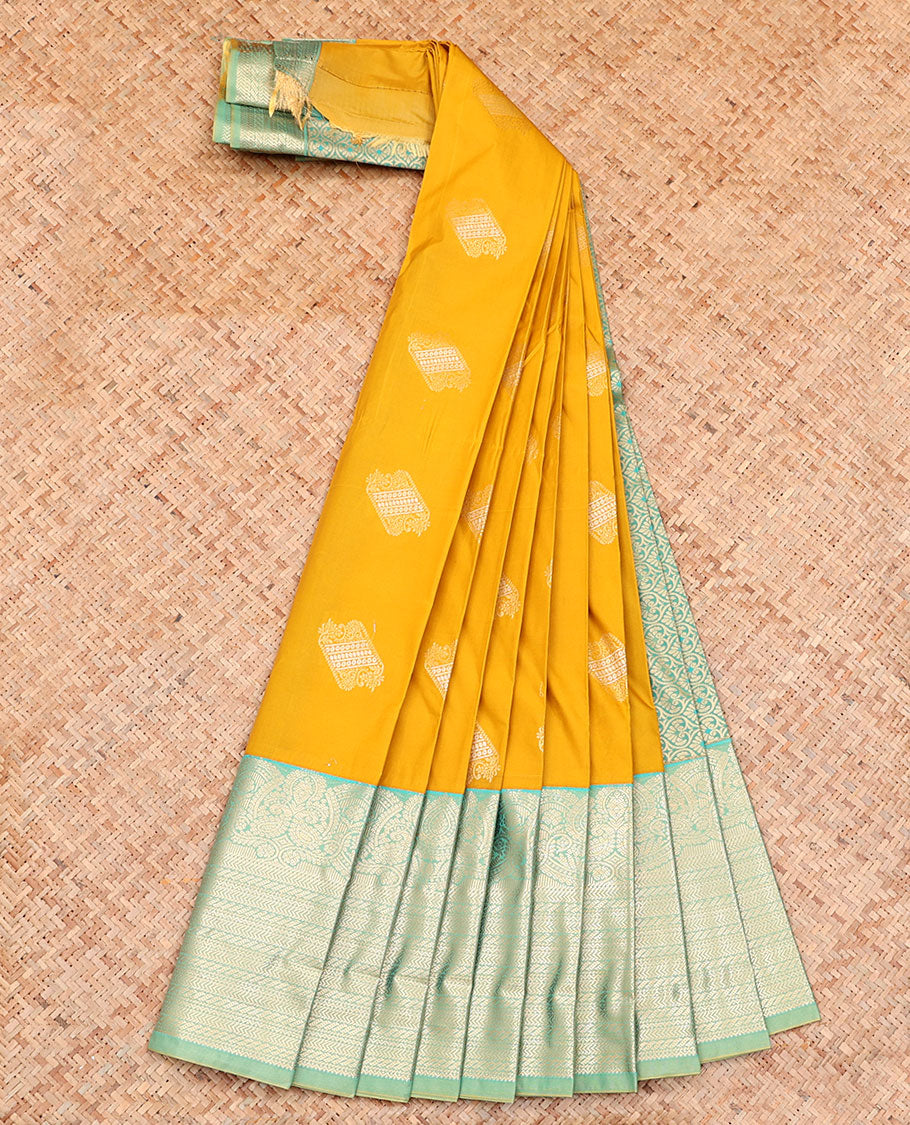 Yellow Budget Silk Saree, Woven with Zari Buttas on Its Body, Complemented by a Contrast Traditional Zari Design Border, Grand Pallu, and Paired with a Contrast Blouse