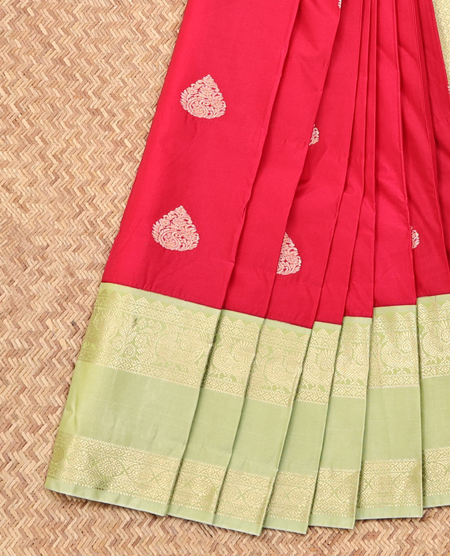 Red Budget Silk Saree, Showcasing Zari Buttas on Its Body, Complemented by a Contrast Traditional Zari Design Rettai Pettu Border, Grand Jaal Pallu, and Paired with a Contrast Blouse