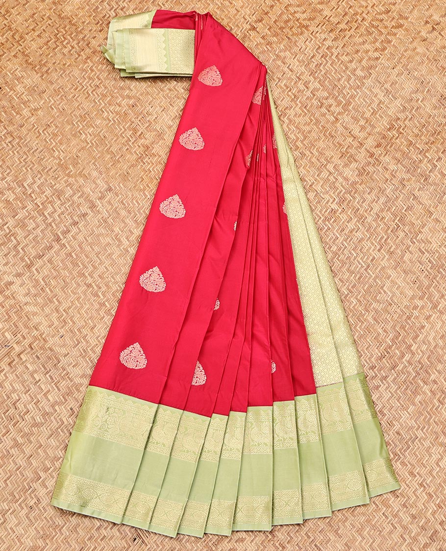 Red Budget Silk Saree, Showcasing Zari Buttas on Its Body, Complemented by a Contrast Traditional Zari Design Rettai Pettu Border, Grand Jaal Pallu, and Paired with a Contrast Blouse